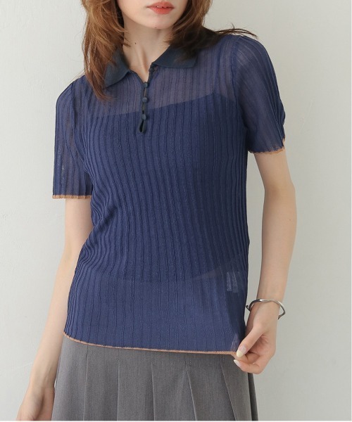 CLEIO（クレイオ）の「【CLEIO】バイカラーシアーポロニット BICOLOR SHEER POLO KNIT（Tシャツ/カットソー・レディース・ネイビー/ブラウン/アイボリー/ピンク・FREE）」の4枚目の写真