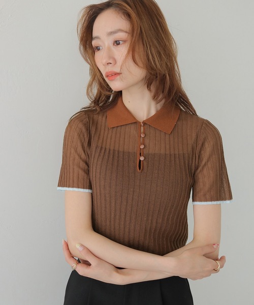 CLEIO（クレイオ）の「【CLEIO】バイカラーシアーポロニット BICOLOR SHEER POLO KNIT（Tシャツ/カットソー・レディース・ネイビー/ブラウン/アイボリー/ピンク・FREE）」の3枚目の写真