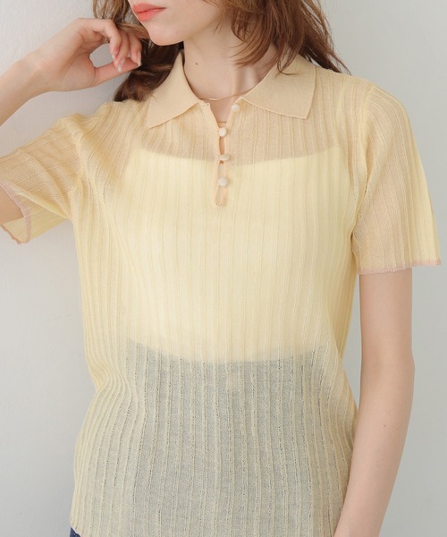 CLEIO（クレイオ）の「【CLEIO】バイカラーシアーポロニット BICOLOR SHEER POLO KNIT（Tシャツ/カットソー・レディース・ネイビー/ブラウン/アイボリー/ピンク・FREE）」の2枚目の写真