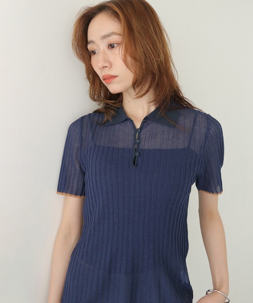 CLEIO（クレイオ）の「【CLEIO】バイカラーシアーポロニット BICOLOR SHEER POLO KNIT（Tシャツ/カットソー・レディース・ネイビー/ブラウン/アイボリー/ピンク・FREE）」の12枚目の写真