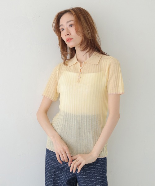 CLEIO（クレイオ）の「【CLEIO】バイカラーシアーポロニット BICOLOR SHEER POLO KNIT（Tシャツ/カットソー・レディース・ネイビー/ブラウン/アイボリー/ピンク・FREE）」の11枚目の写真