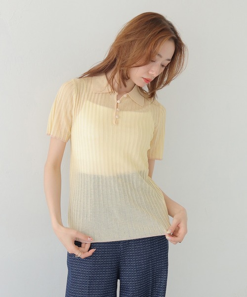 CLEIO（クレイオ）の「【CLEIO】バイカラーシアーポロニット BICOLOR SHEER POLO KNIT（Tシャツ/カットソー・レディース・ネイビー/ブラウン/アイボリー/ピンク・FREE）」の10枚目の写真