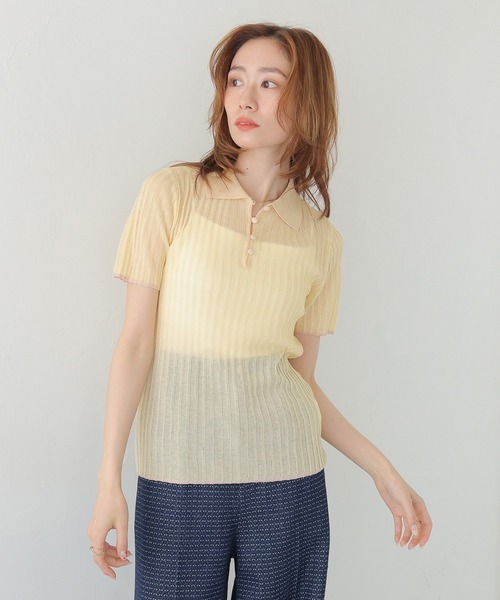 CLEIO（クレイオ）の「【CLEIO】バイカラーシアーポロニット BICOLOR SHEER POLO KNIT（Tシャツ/カットソー・レディース・ネイビー/ブラウン/アイボリー/ピンク・FREE）」の9枚目の写真