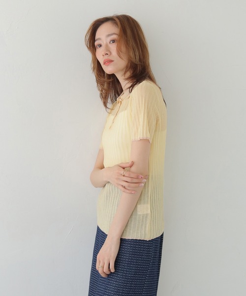 CLEIO（クレイオ）の「【CLEIO】バイカラーシアーポロニット BICOLOR SHEER POLO KNIT（Tシャツ/カットソー・レディース・ネイビー/ブラウン/アイボリー/ピンク・FREE）」の8枚目の写真