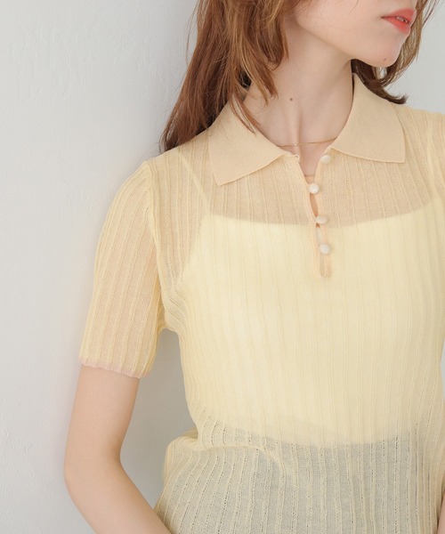 CLEIO（クレイオ）の「【CLEIO】バイカラーシアーポロニット BICOLOR SHEER POLO KNIT（Tシャツ/カットソー・レディース・ネイビー/ブラウン/アイボリー/ピンク・FREE）」の6枚目の写真