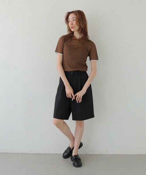 CLEIO（クレイオ）の「【CLEIO】バイカラーシアーポロニット BICOLOR SHEER POLO KNIT（Tシャツ/カットソー・レディース・ネイビー/ブラウン/アイボリー/ピンク・FREE）」の21枚目の写真