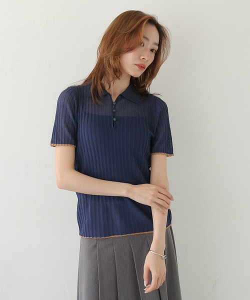 CLEIO（クレイオ）の「【CLEIO】バイカラーシアーポロニット BICOLOR SHEER POLO KNIT（Tシャツ/カットソー・レディース・ネイビー/ブラウン/アイボリー/ピンク・FREE）」の17枚目の写真