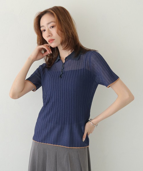 CLEIO（クレイオ）の「【CLEIO】バイカラーシアーポロニット BICOLOR SHEER POLO KNIT（Tシャツ/カットソー・レディース・ネイビー/ブラウン/アイボリー/ピンク・FREE）」の16枚目の写真