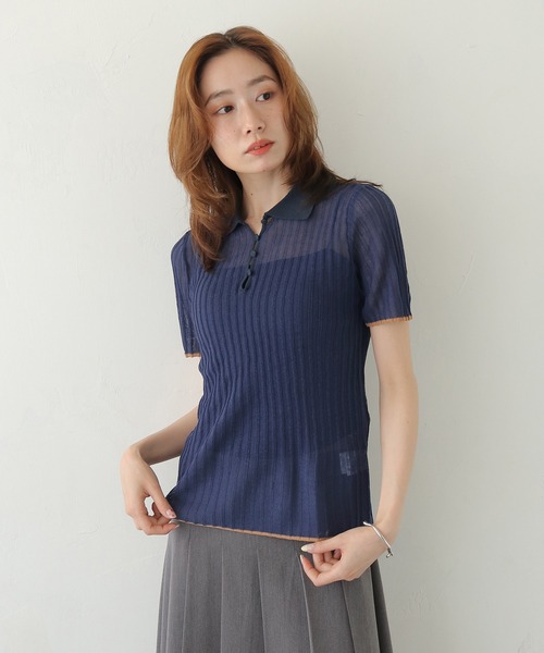 CLEIO（クレイオ）の「【CLEIO】バイカラーシアーポロニット BICOLOR SHEER POLO KNIT（Tシャツ/カットソー・レディース・ネイビー/ブラウン/アイボリー/ピンク・FREE）」の15枚目の写真
