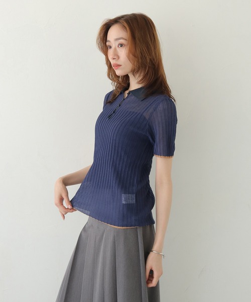 CLEIO（クレイオ）の「【CLEIO】バイカラーシアーポロニット BICOLOR SHEER POLO KNIT（Tシャツ/カットソー・レディース・ネイビー/ブラウン/アイボリー/ピンク・FREE）」の14枚目の写真