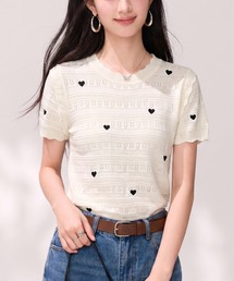 ハート刺繍レースニットトップス