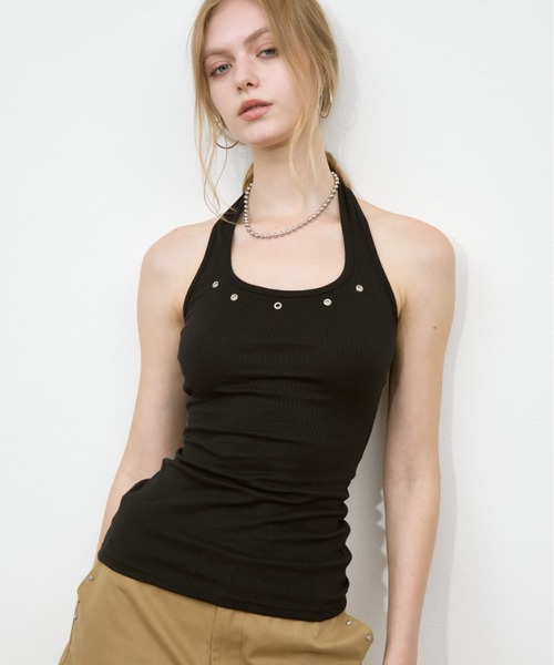 Rohwel(ローウェル)の「Eyelet Halter Tank Tops / アイレットホルタータンクトップス(タンクトップ・レディース・ホワイト/ブラック/ブラウン・FREE)」の1枚目の写真