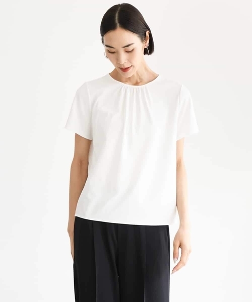 MICHEL KLEIN(ミッシェル・クラン)の「ギャザーネックジョーゼットカットソー(Tシャツ/カットソー・レディース・ホワイト/ブラック/ライラック・38)」の2枚目の写真
