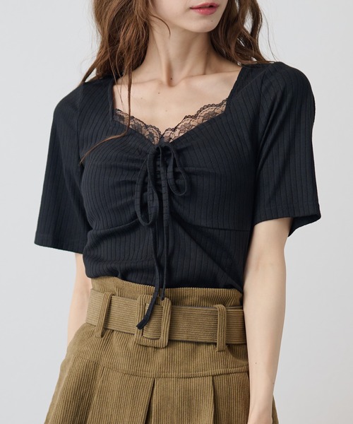 DAYRA(デイラ)の「レース ドロスト リボン 半袖 リブ トップス(Tシャツ/カットソー・レディース・チャコールグレー/ブラック・FREE)」の1枚目の写真