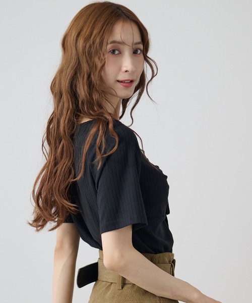 DAYRA(デイラ)の「レース ドロスト リボン 半袖 リブ トップス(Tシャツ/カットソー・レディース・チャコールグレー/ブラック・FREE)」の3枚目の写真