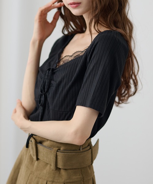 DAYRA(デイラ)の「レース ドロスト リボン 半袖 リブ トップス(Tシャツ/カットソー・レディース・チャコールグレー/ブラック・FREE)」の7枚目の写真