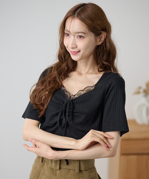 DAYRA(デイラ)の「レース ドロスト リボン 半袖 リブ トップス(Tシャツ/カットソー・レディース・チャコールグレー/ブラック・FREE)」の8枚目の写真
