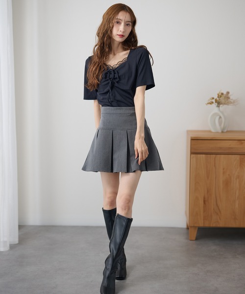 DAYRA(デイラ)の「レース ドロスト リボン 半袖 リブ トップス(Tシャツ/カットソー・レディース・チャコールグレー/ブラック・FREE)」の9枚目の写真