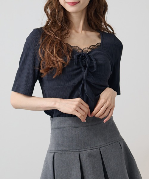 DAYRA(デイラ)の「レース ドロスト リボン 半袖 リブ トップス(Tシャツ/カットソー・レディース・チャコールグレー/ブラック・FREE)」の10枚目の写真