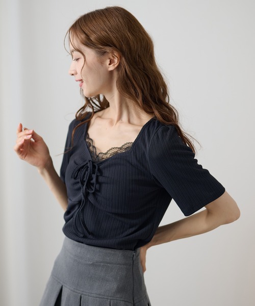 DAYRA(デイラ)の「レース ドロスト リボン 半袖 リブ トップス(Tシャツ/カットソー・レディース・チャコールグレー/ブラック・FREE)」の11枚目の写真