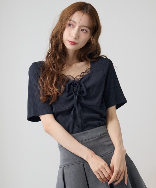 DAYRA(デイラ)の「レース ドロスト リボン 半袖 リブ トップス(Tシャツ/カットソー・レディース・チャコールグレー/ブラック・FREE)」の13枚目の写真
