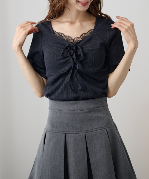 DAYRA(デイラ)の「レース ドロスト リボン 半袖 リブ トップス(Tシャツ/カットソー・レディース・チャコールグレー/ブラック・FREE)」の14枚目の写真