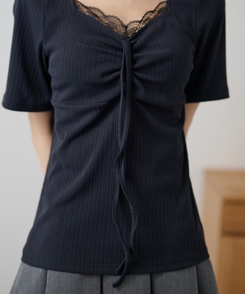 DAYRA(デイラ)の「レース ドロスト リボン 半袖 リブ トップス(Tシャツ/カットソー・レディース・チャコールグレー/ブラック・FREE)」の18枚目の写真