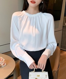 クルーネック サテン長袖シャツ