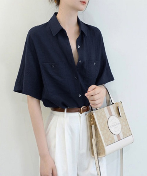 ONEP STAR(ワンピスター)の「ポケット付き半袖ベーシックシャツ(シャツ/ブラウス・レディース・ネイビー・LARGE/MEDIUM/X-LARGE)」の8枚目の写真