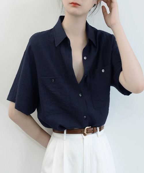ONEP STAR(ワンピスター)の「ポケット付き半袖ベーシックシャツ(シャツ/ブラウス・レディース・ネイビー・LARGE/MEDIUM/X-LARGE)」の9枚目の写真