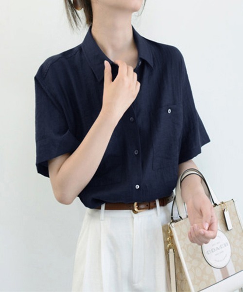 ONEP STAR(ワンピスター)の「ポケット付き半袖ベーシックシャツ(シャツ/ブラウス・レディース・ネイビー・LARGE/MEDIUM/X-LARGE)」の12枚目の写真