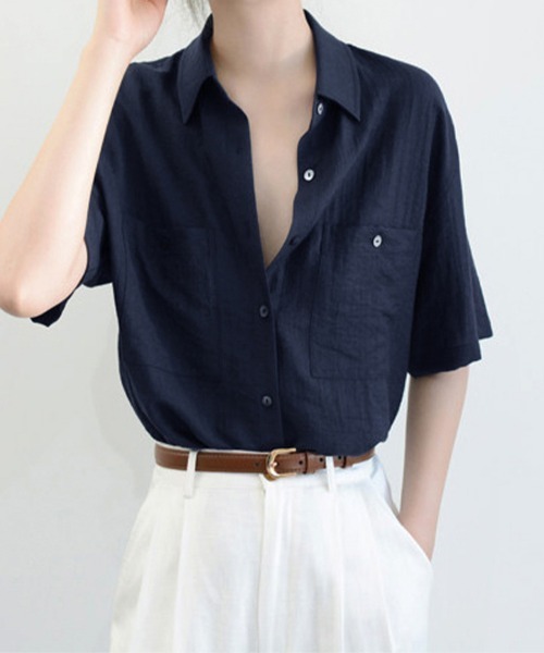ONEP STAR(ワンピスター)の「ポケット付き半袖ベーシックシャツ(シャツ/ブラウス・レディース・ネイビー・LARGE/MEDIUM/X-LARGE)」の13枚目の写真