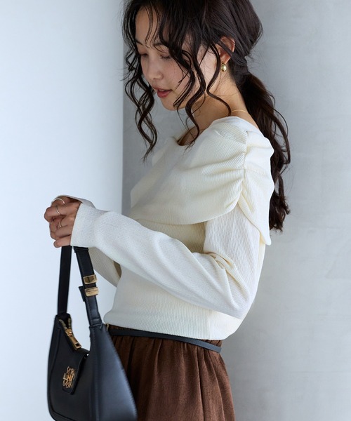 VIS（ビス）の「チェック＆無地ジャガードオフショル風プルオーバー（Tシャツ/カットソー・レディース・ブラウン系その他2/キナリ/ブラウン/ブラック・FREE）」の2枚目の写真