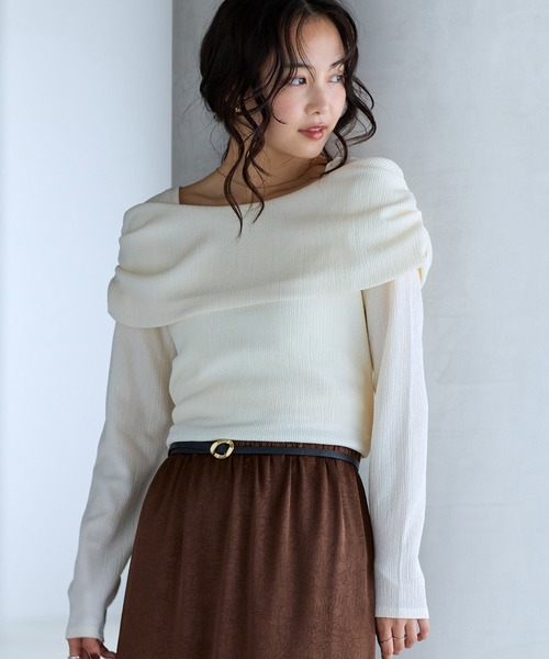 VIS（ビス）の「チェック＆無地ジャガードオフショル風プルオーバー（Tシャツ/カットソー・レディース・ブラウン系その他2/キナリ/ブラウン/ブラック・FREE）」の5枚目の写真