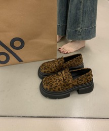 厚底 トラックソール スエードライク ペニーローファー レオパード ヒョウ柄