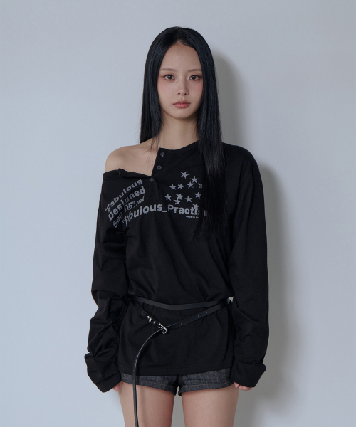 5OML(オーオーエムエル)の「ルーズフィット ヘンリーネック ロングスリーブ(ブラック)(Tシャツ/カットソー・レディース・ブラック・FREE)」の1枚目の写真
