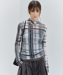 【tageechita】アートチェックプリント シアーハイネックトップス