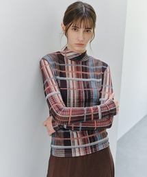 【tageechita】アートチェックプリント シアーハイネックトップス