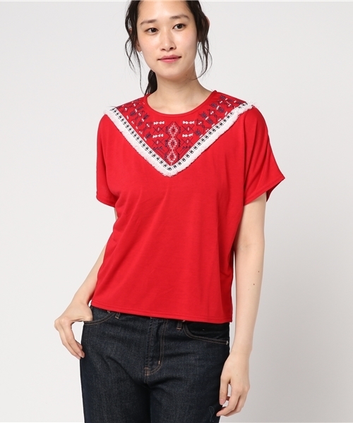 SpRay(スプレイ)の「クロスステッチフリンジTシャツ(Tシャツ/カットソー・レディース・ホワイト/レッド/カーキ/ネイビー・FREE)」の10枚目の写真