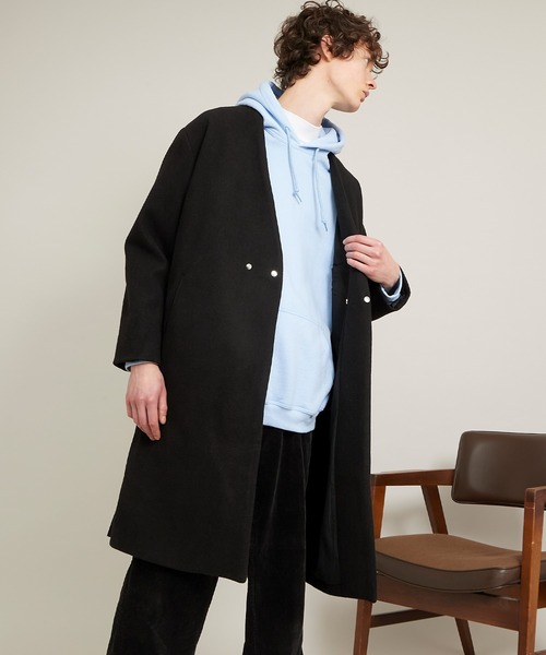 Emma Emma Clothes エマクローズ のファッション オーバーサイズビーバーメルトンvネックロングコート ノーカラーコート