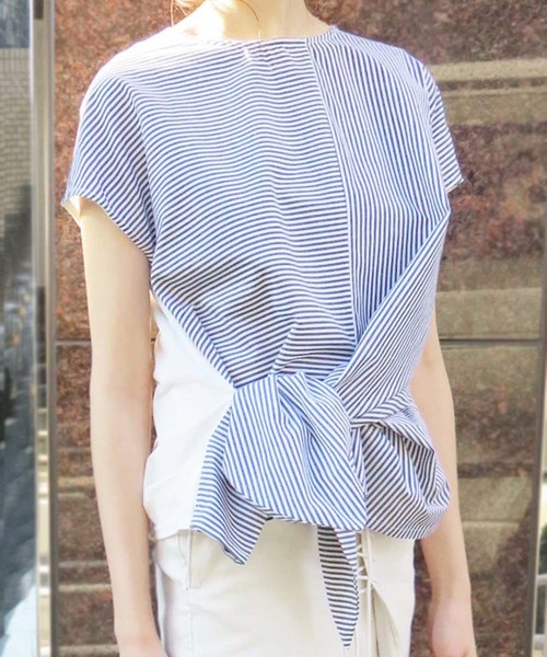 vingtrois（バントロア）の「【vingtrois】前リボン結びストライプカットソーブラウス（Tシャツ/カットソー・レディース・ホワイト×ブルー/ホワイト×ブラック/ブラック×ブラック/イエロー系その他・M）」の4枚目の写真