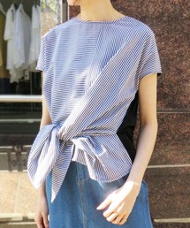 【vingtrois】前リボン結びストライプカットソーブラウス