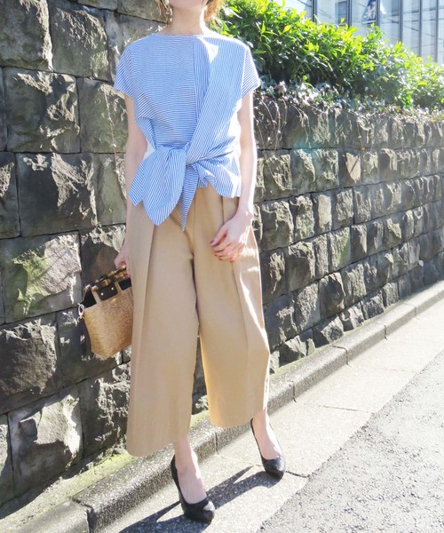 vingtrois（バントロア）の「【vingtrois】前リボン結びストライプカットソーブラウス（Tシャツ/カットソー・レディース・ホワイト×ブルー/ホワイト×ブラック/ブラック×ブラック/イエロー系その他・M）」の5枚目の写真