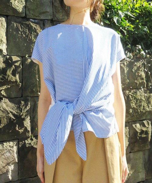 vingtrois（バントロア）の「【vingtrois】前リボン結びストライプカットソーブラウス（Tシャツ/カットソー・レディース・ホワイト×ブルー/ホワイト×ブラック/ブラック×ブラック/イエロー系その他・M）」の22枚目の写真