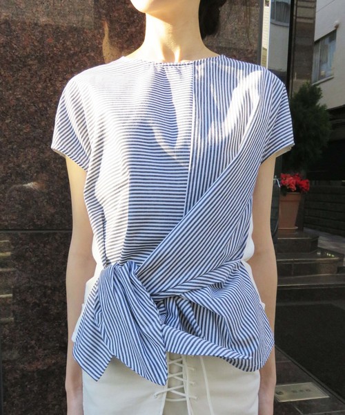 vingtrois（バントロア）の「【vingtrois】前リボン結びストライプカットソーブラウス（Tシャツ/カットソー・レディース・ホワイト×ブルー/ホワイト×ブラック/ブラック×ブラック/イエロー系その他・M）」の21枚目の写真
