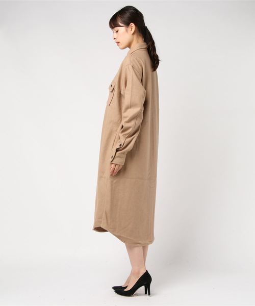 Johnson Woolen Mills(ジョンソンウーレンミルズ)の「【Johnson Woolen Mills/ジョンソンウーレンミルズ】OLIVE LABEL CPO shirts シャツワンピース(シャツワンピース・レディース・ベージュ/ブラウン・M)」の3枚目の写真