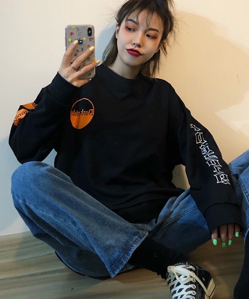 韓国風袖プリントロンT