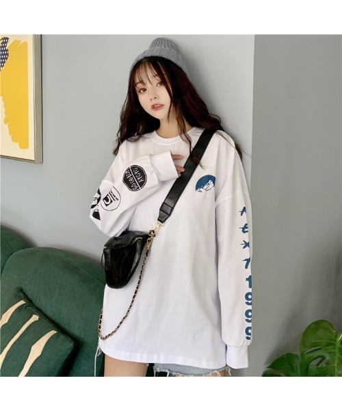 韓国風袖プリントロンT