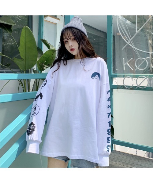 韓国風袖プリントロンT