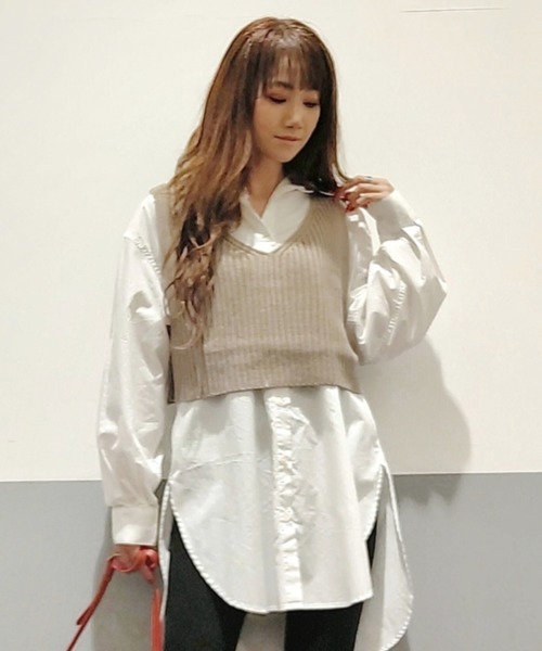 HONEYSUCKLE ROSE（ハニーサックルローズ）の「【HONEYSUCKLE ROSE】ニットビスチェレイヤード（アンサンブル・レディース・ベージュ/ブラウン/オフホワイト/ライム・M/L）」の3枚目の写真